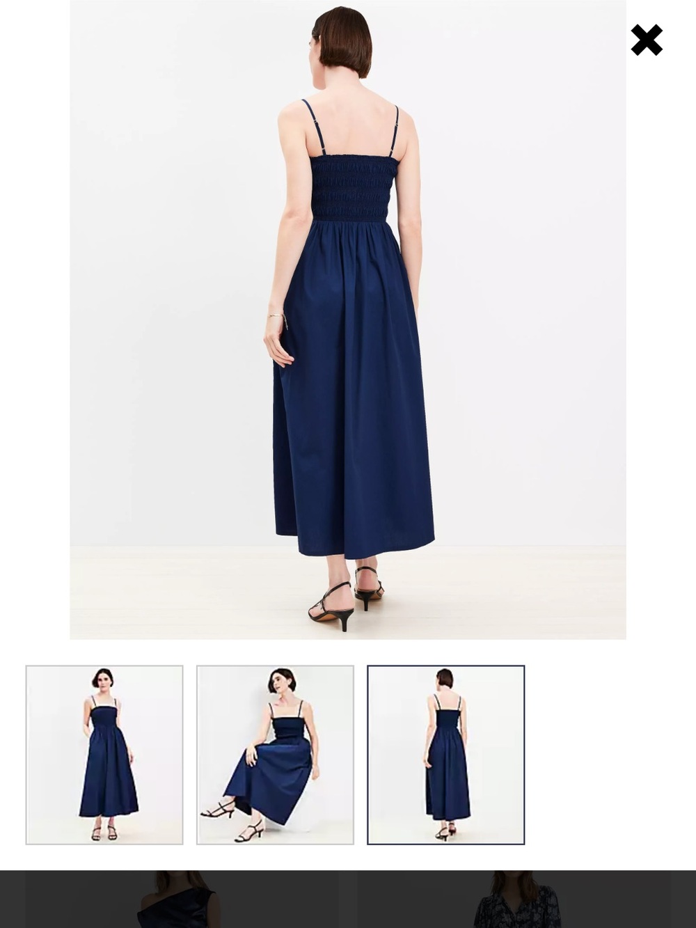 LOFT Navy Smocked Bodice Midi Dress with Spaghetti Straps